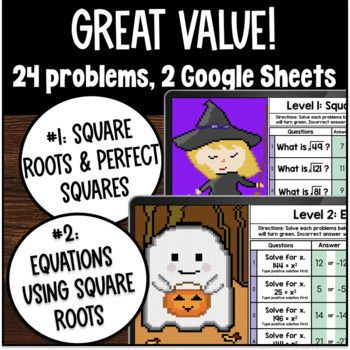 Square Roots & Perfect Squares Equations with Roots Halloween Digital Pixel Art — preview page 2 of 4