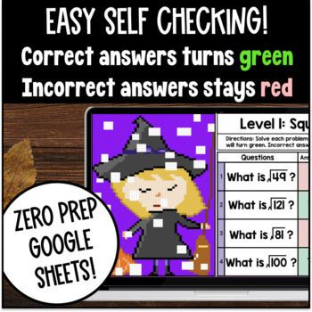 Square Roots & Perfect Squares Equations with Roots Halloween Digital Pixel Art — preview page 3 of 4