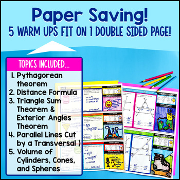 Pythagorean Theorem, Angles, Volume Cylinders Cones 8th Grade Math Warm Ups CCSS — preview page 4 of 4
