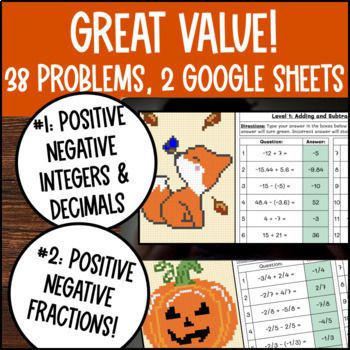 Adding and Subtracting Rational Numbers Thanksgiving Pixel Art Fraction Integers — preview page 2 of 4