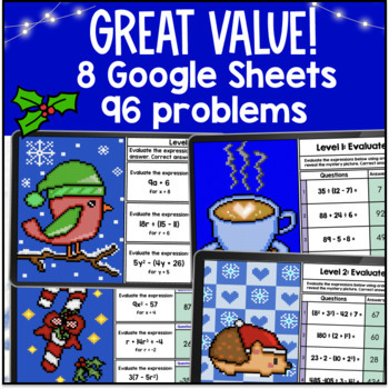 Winter Math Simplifying and Evaluating Numerical Algebraic Expressions Pixel Art — preview page 2 of 4