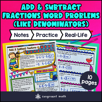 Adding and Subtracting Fractions Like Denominators Word Problems Guided Notes
