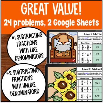 Subtracting Fractions Like & Unlike Denominators Halloween Digital Pixel Art — preview page 2 of 4