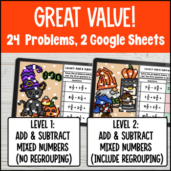 Adding and Subtracting Mixed Numbers with Like Denominators Halloween Pixel Art — preview page 2 of 4