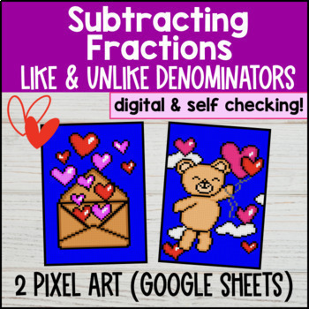 Subtracting Fractions Digital Pixel Art Like and Unlike Denominators 4th 5th Gr