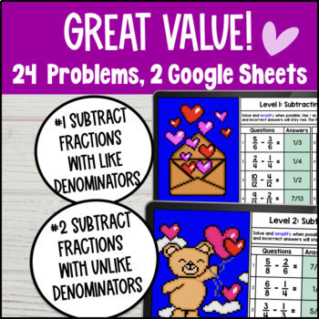 Subtracting Fractions Digital Pixel Art Like and Unlike Denominators 4th 5th Gr — preview page 2 of 4