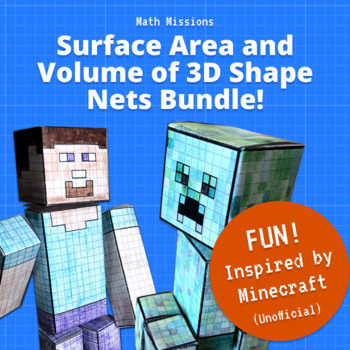 Thumbnail for Surface Area and Volume of 3D Shape Nets Math Project BUNDLE | Minecraft