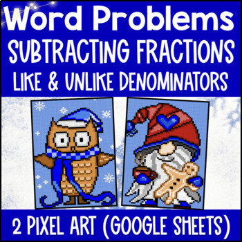 [Winter Math] Subtracting Fractions Word Problems Digital Pixel Art Denominators