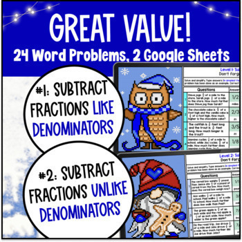 [Winter Math] Subtracting Fractions Word Problems Digital Pixel Art Denominators — preview page 2 of 4