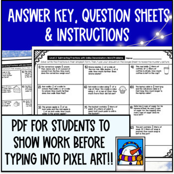 [Winter Math] Subtracting Fractions Word Problems Digital Pixel Art Denominators — preview page 4 of 4