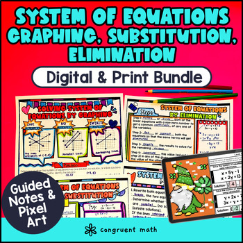 Thumbnail for System of Equations Graphing Substitution Elimination Guided Notes & Pixel Art