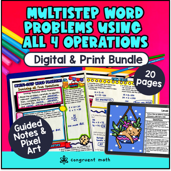 Thumbnail for Multi step Word Problems 4th Grade 5th grade Guided Notes & Pixel Art Multistep