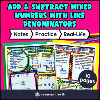 Adding and Subtracting Mixed Numbers with Like Denominator Guided Notes Doodles