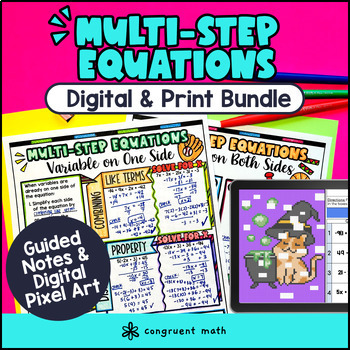 Thumbnail for Multi Step Equations Digital & Print Bundle | Guided Notes Pixel Art Doodle Math