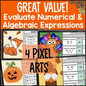 Thanksgiving Evaluating Numerical & Algebraic Expressions Pixel Art Substitution — preview page 2 of 4