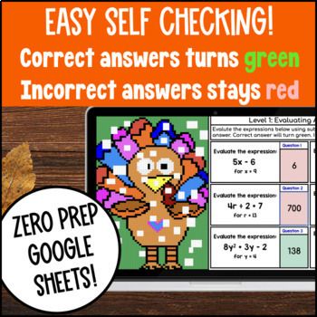 Thanksgiving Evaluating Numerical & Algebraic Expressions Pixel Art Substitution — preview page 3 of 4
