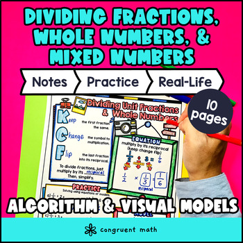 Dividing Fractions by Whole Numbers Mixed Numbers Guided Notes w/ Doodles