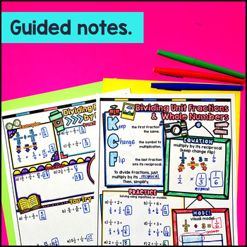 Dividing Fractions by Whole Numbers Mixed Numbers Guided Notes w/ Doodles — preview page 2 of 4