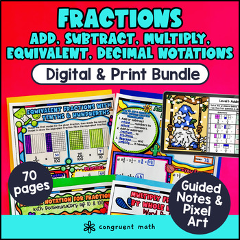 Adding Subtracting Multiplying Fractions Mixed Number Guided Notes Pixel Art 4th