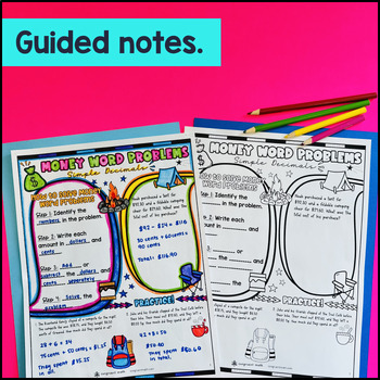 Money Word Problems & Decimals 4th Grade Guided Notes with Doodles 4.MD.A.2 — preview page 2 of 4