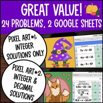 [Thanksgiving] Solving Two Step Equations Digital Pixel Art Integers Decimals — preview page 2 of 4
