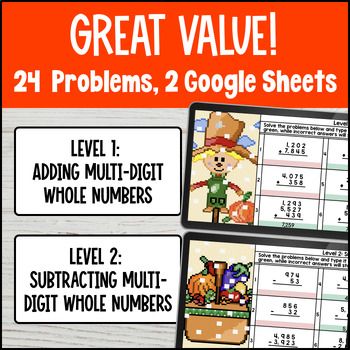 Add and Subtract Multi Digit Whole Numbers Halloween Digital Pixel Art 4th Grade — preview page 2 of 4