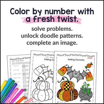 [Halloween] Adding & Subtracting Decimals Doodle Math Twist on Color by Number — preview page 2 of 4