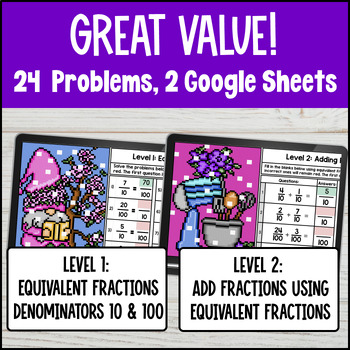 Equivalent Fractions & Adding Fractions Digital Pixel Art Denominators 10 & 100 — preview page 2 of 4