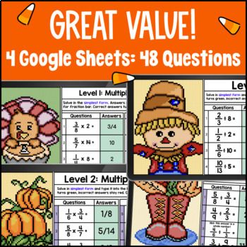 Thanksgiving Multiplying & Dividing Fractions Pixel Art Whole Numbers Fractions — preview page 2 of 4