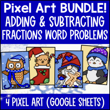 Thumbnail for [Winter] Adding and Subtracting Fractions Word Problems Pixel Art BUNDLE