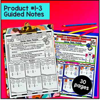 Adding and Subtracting Fractions with Like Denominators Guided Notes & Pixel Art — preview page 2 of 4