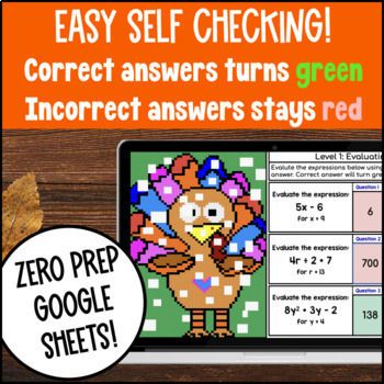 [Thanksgiving] Evaluating Algebraic Expressions Substitution Digital Pixel Art — preview page 3 of 4