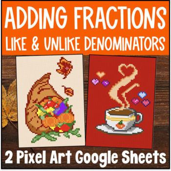 Adding Fractions Like & Unlike Denominators Halloween Digital Pixel Art Activity
