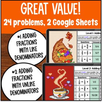 Adding Fractions Like & Unlike Denominators Halloween Digital Pixel Art Activity — preview page 2 of 4