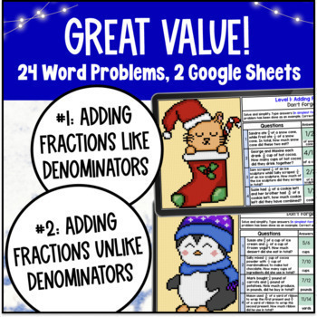 [Winter] Adding Fractions Word Problems Pixel Art Like Unlike Denominators — preview page 2 of 4