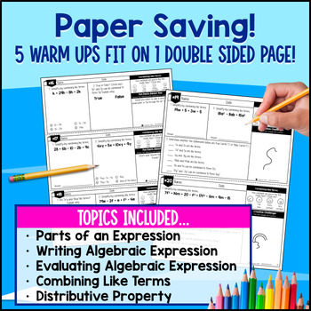 Simplifying Evaluating Writing Algebraic Expressions 6th Grade Warm Ups Review — preview page 4 of 4