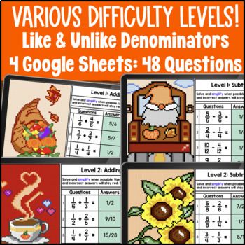 Adding & Subtracting Fractions with Like Unlike Denominators Halloween Pixel Art — preview page 2 of 4