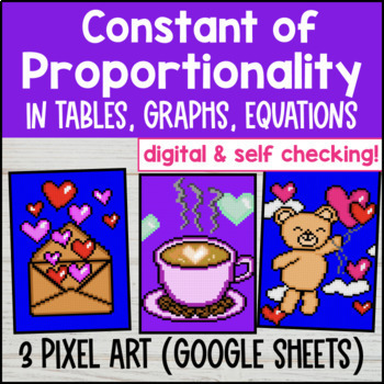 Thumbnail for Constant of Proportionality Pixel Art Tables, Graphs, Equations Valentine's Day
