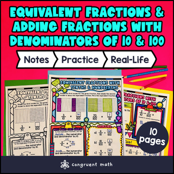 Equivalent Fraction Adding Fraction w/ Denominator 10 & 100 Guided Notes Doodles