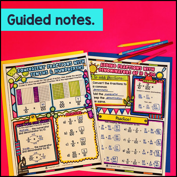 Equivalent Fraction Adding Fraction w/ Denominator 10 & 100 Guided Notes Doodles — preview page 2 of 4
