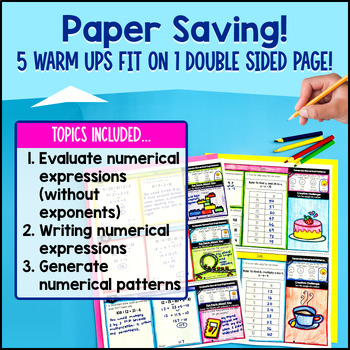 Number Patterns and Expressions 5th Grade Math Warm Ups CCSS TEKS Bell Ringers — preview page 4 of 4