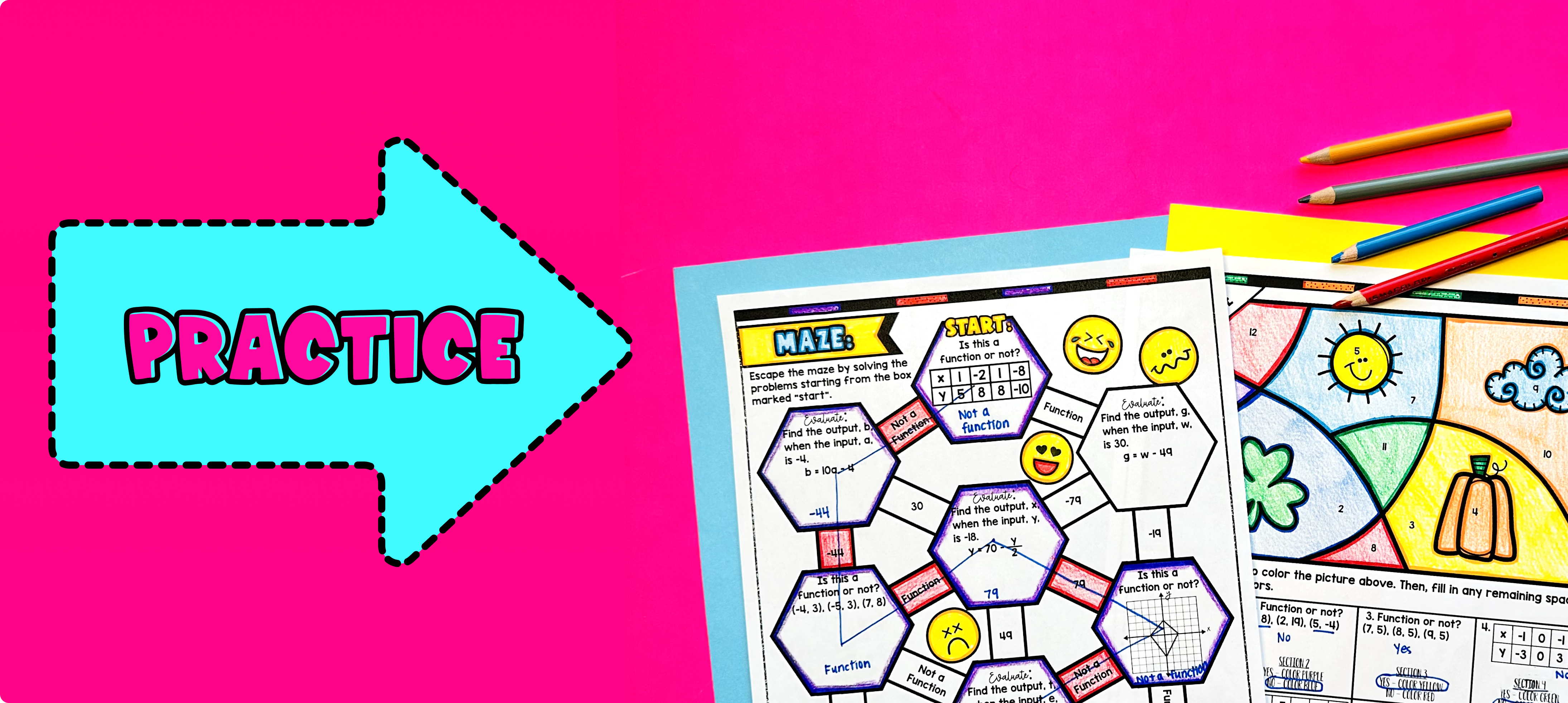 Identifying Functions and Evaluating Functions Practice - Maze and Color by Number Worksheets