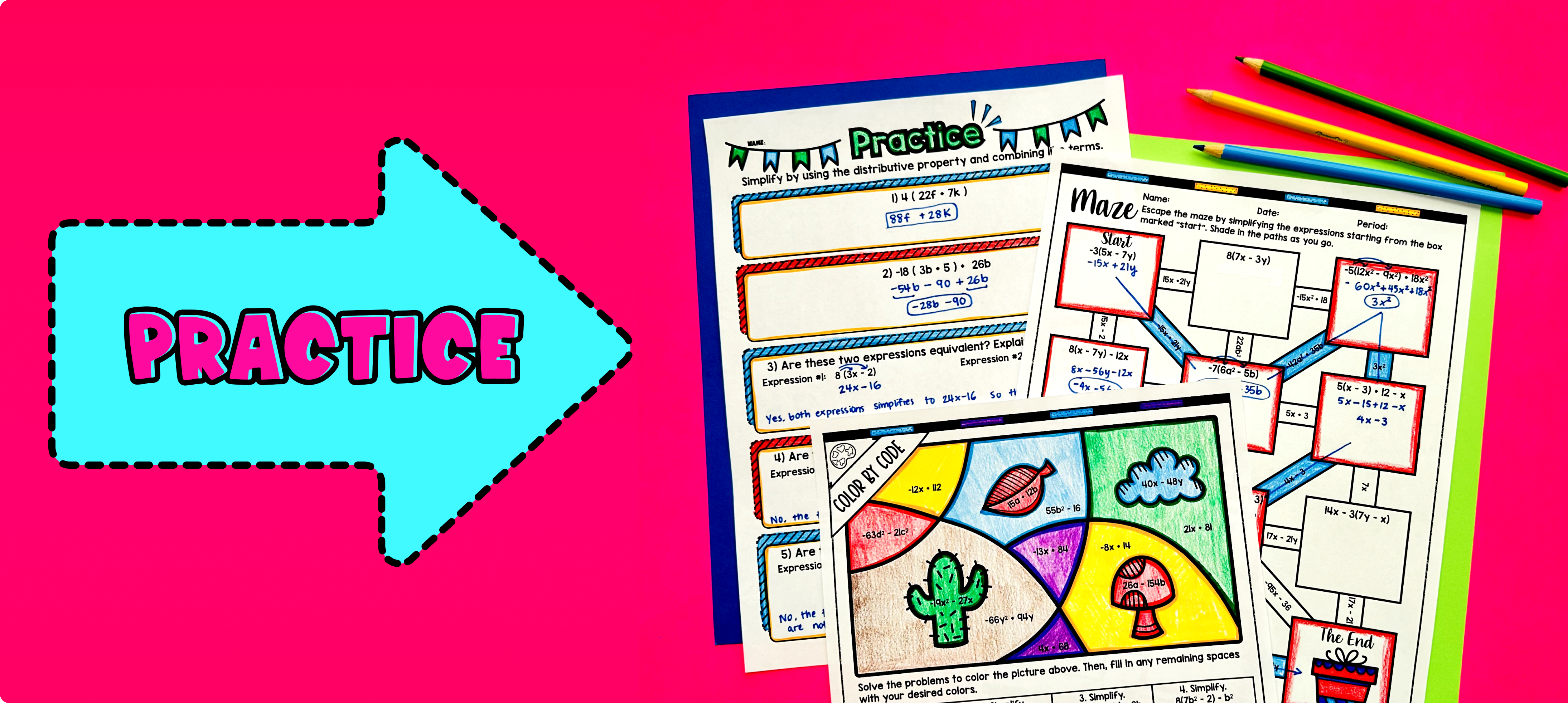 Distributive Property and Combining Like Terms Rational Number Coefficients Maze & Color by Number Worksheets
