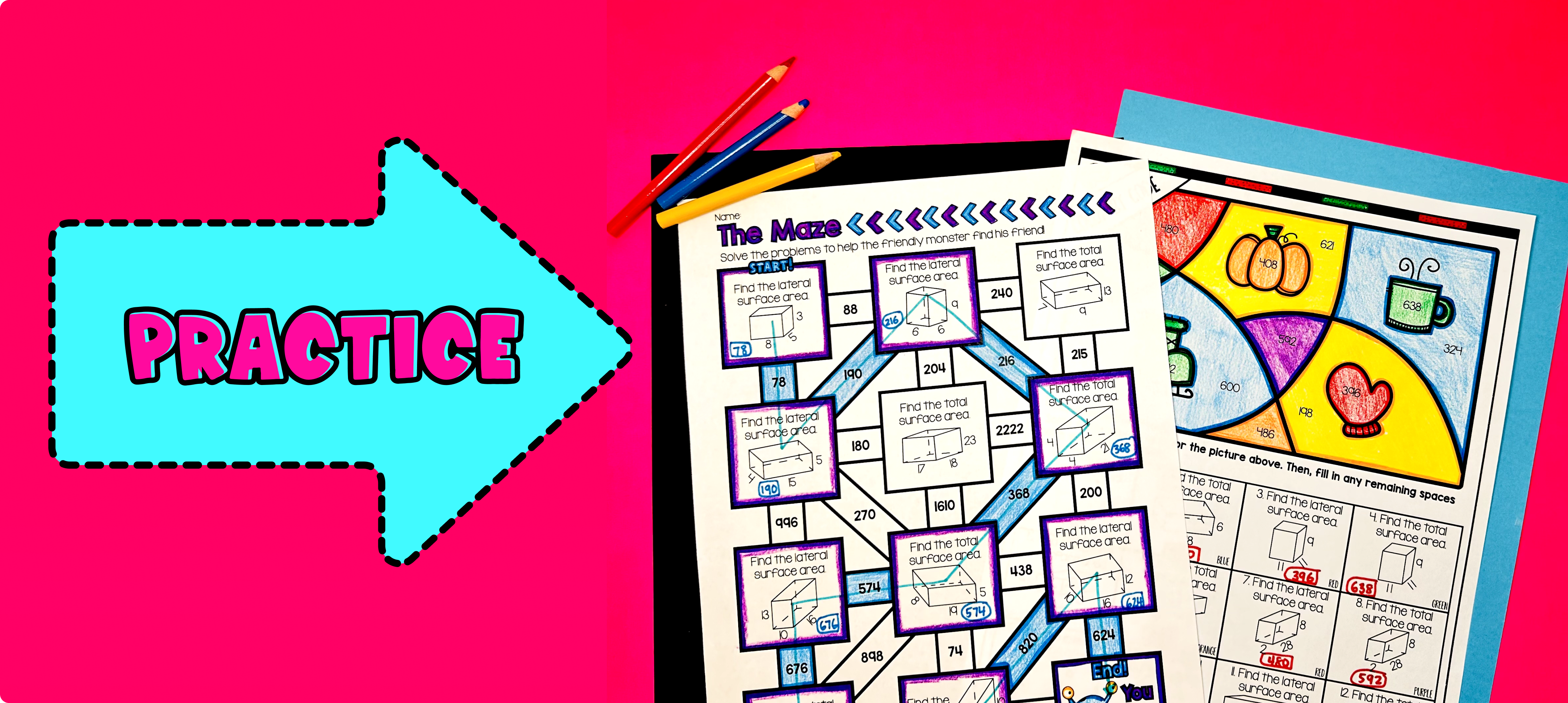 Lateral and Total Surface Area of Rectangular Prisms Maze and Color By Number Practice Worksheets Activities